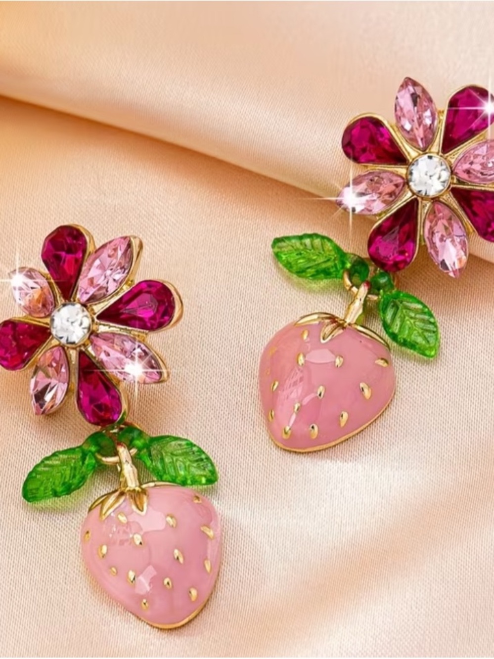 Pink & Green Strawberry Flower Drop Earrings Golden Plated NWT - Picture 2 of 5